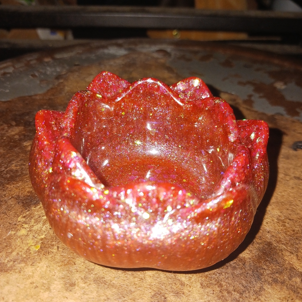 Handmade Lotus Flower Candle Holder Burnt Autumn Orange Glitter Accents